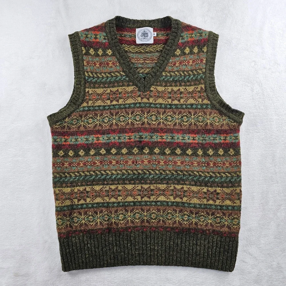 J.PRESS Fair Isle V-Neck Knit Vest Men's Medium 100% Wool Made In Scotland
